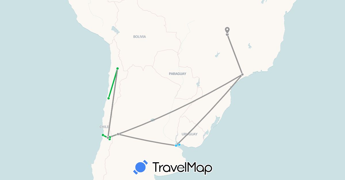 TravelMap itinerary: driving, bus, plane, boat in Argentina, Brazil, Chile, Uruguay (South America)